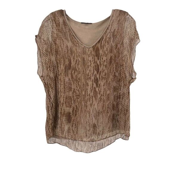 DREW Silk Blouse Brown Python Print Flutter Sleeve V Neck Size S Classic Shirt - Picture 1 of 6